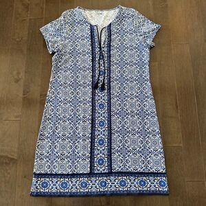 Lands‎ End Womens Mini Shift Dress Tassel Vacation Travel Resort Navy White M/L